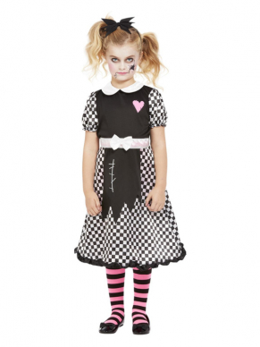 Gebroken pop kinderkostuum. Dit kostuum bestaat uit de zwart/witte jurk met horizontale haarband. Met dit kostuum ben je zo goed als klaar voor jouw Halloweenfeest. Bekijk hier onze schmink om de look compleet te maken.