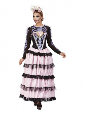 Deluxe Day of the Dead Senorita-kostuum voor dames. Dit kostuum bestaat uit de zwart met roze jurk met horizontale hoofdband. Het enige wat nog mist bij dit kostuum is schmink. Perfect te combineren met ons Deluxe Day of the Dead Senor-kostuum.