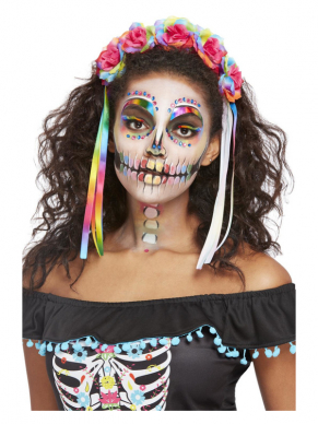 Maak Day of the Dead kostuum compleet met deze Make-Up FX, Bright DOTD Kit, bestaande uit een hoofdband, stickers, steentjes, en schmink op waterbasis.