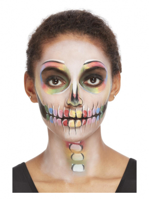 Maak Day of the Dead kostuum compleet met deze Make-Up FX, Bright DOTD Kit, bestaande uit een hoofdband, stickers, steentjes, en schmink op waterbasis.