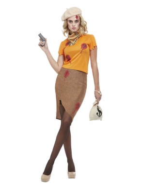 Bonnie Zombie Gangsterkostuum. Dit kostuum bestaat uit de oranje top met rok, pet, tas, sjaal en pistool. Wij verkopen ook het Clyde Zombie Gangster-kostuum. Maak samen met jouw Clyde de start onveilig tijdens Halloween.
