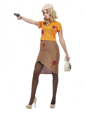 Bonnie Zombie Gangsterkostuum. Dit kostuum bestaat uit de oranje top met rok, pet, tas, sjaal en pistool. Wij verkopen ook het Clyde Zombie Gangster-kostuum. Maak samen met jouw Clyde de start onveilig tijdens Halloween.