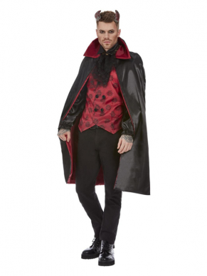 Duivelskostuum, Rood/Zwart. Dit kostuum bestaat uit de top met cape en hoorns. Met dit kostuum ben je in 1 keer klaar voor Halloween.