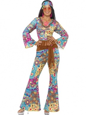 Hippie Flower Power Dameskostuum. Inbegrepen is de vrolijke top, broek, riem en haarband. Compleet dameskostuum.