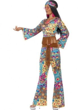 Hippie Flower Power Dameskostuum. Inbegrepen is de vrolijke top, broek, riem en haarband. Compleet dameskostuum.