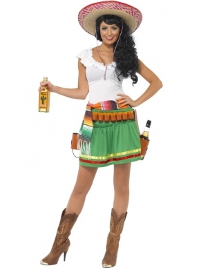 Tequila Shooter Dames Kostuum. Inbegrepen is de leuke Mexicaanse Jurk met gestreepte riem en riem met holsters vpor Tequila flessen. 