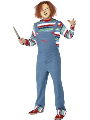 Eng Chucky Heren Verkleedkleding. Uit de enge film Child's Play het geweldige Chucky kostuum. Inbegrepen is het shirt en de tuinbroek en het masker met de haren. U bent in 1 keer klaar. We verkopen ook het Chucky dames kostuum in onze webwinkel.