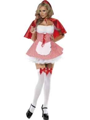 Roodkapje Dameskostuum, bestaande uit het jurkje met kortje en de rode cape. Maak de look compleet met een witte pruik en de kousen. Leuk voor Carnaval, Themafeestje of Musical.
