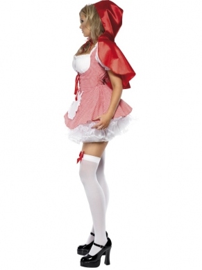 Roodkapje Dameskostuum, bestaande uit het jurkje met kortje en de rode cape. Maak de look compleet met een witte pruik en de kousen. Leuk voor Carnaval, Themafeestje of Musical.
