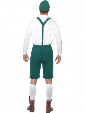 Oktoberfest Heren Verkleedkleding. Inbegrepen is de groene lederhosen met bretels, het witte shirt en het hoedje. 