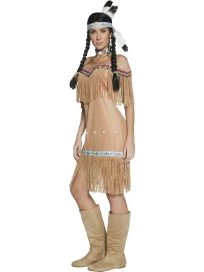 Westerse Authentieke Indische Dame Verkleedkleding. Inbegrepen is de mooie jurk met franjes mooie met details.