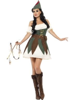 Fever Sexy Robin Hood Dames Kostuum. Inbegrepen is de sexy jurk, de mouwen, het hoedje en de riem. Sexy kostuum, mooi met een witte petticoat.