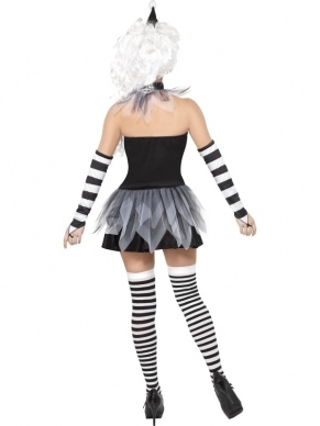 Sinister Pierrot Clown Halloween Kostuum, bestaande uit het Zwart Witte Jurkje, gestreepte handschoenen en het Hoedje. de kousen verkopen we los. Mooi Halloween Kostuum of zonder enge schmink ook te dragen als Pierrot / Clown Kostuum voor bijvoorbeeld Carnaval. 