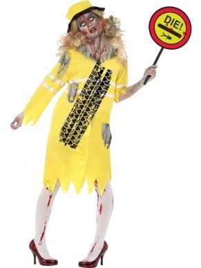 Zombie Cross Over Dames Kostuum Met Gele jurk met bandenspoor, hoedje en Bordje met: Die