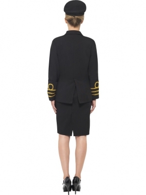 Navy Officer Officiere Kostuum, bestaande uit het zwarte jasje met gouden knopen en applicaties, zwarte kokerrok, wit shirt met kraag en zwarte officierspet. 