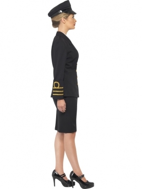 Navy Officer Officiere Kostuum, bestaande uit het zwarte jasje met gouden knopen en applicaties, zwarte kokerrok, wit shirt met kraag en zwarte officierspet. 