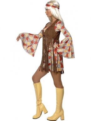 1960's Groovy Baby Dames Kostuum. Inbegrepen is de korte mini jurk met lange uitlopende mouwen en gilet met lange franjes