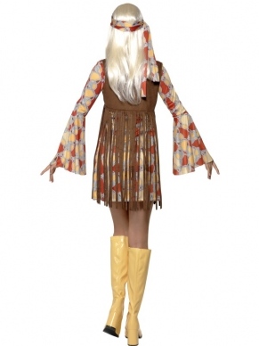 1960's Groovy Baby Dames Kostuum. Inbegrepen is de korte mini jurk met lange uitlopende mouwen en gilet met lange franjes