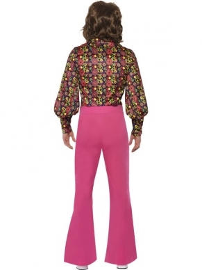 Jaren 60 Slack Suit Heren Verkleedkostuum. Inbegrepen zijn het shirt met stuktekens en de roze broek met uitlopende pijpen.