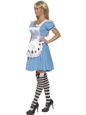 Alice in Wonderland Kaarten Kostuum. Inbegrepen is de blauw witte jurk met kaarten op het schortje. De kousen en de pruik verkopen we los.