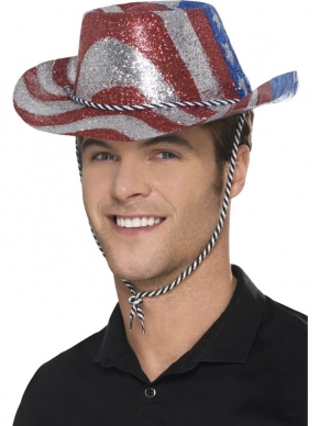 Cowboy Glitterhoed voorzien van de kleuren blauw, rood en zilver (en sterren wat de Amerikaanse vlag compleet maakt)