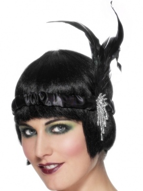 Zwarte jaren 20 Haarband met Veren en steentjes.