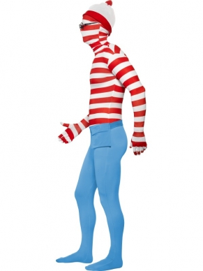 Waar is Wally? Second Skin Morph-kostuum. Wally hoed, bril en pak zijn inbegrepen. Spullen kunnen in het verborgen zakje aan de voorkant!