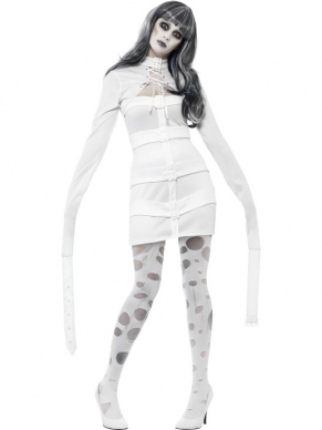 Psycho Dames Dwangbuis Halloween Kostuum. Inbegrepen is de witte jurk met bolera (zit eraan vast) met armen die langs het lichaam vast gemaakt kunnen worden. De kousen verkopen we los. 