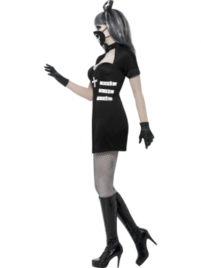 Zuster des Doods Halloween Verkleedkostuum. Inbegrepen is de zwarte Halloween jurk met bolero (zit er aan vast), handschoenen, zusterkapje en masker. 