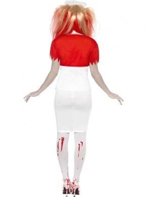 Blood Drip Nurse Zuster Halloween Kostuum, bestaande uit de de rok, het korsetje, het bolero jasje, halsband en zusterkapje. Het hele kostuum is wit met bloedstrepen en spatten. De pruik verkopen we los en we verkopen ook nog extra flesjes nepbloed voor een extra bloederig effect. 