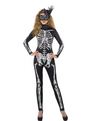 Fever Zwarte Catsuit Met Skeletten Print. Mooie strakke catsuit. Het Masker verkopen we los. 