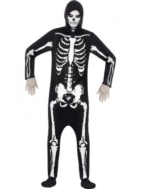 Skeleton Skeletten Halloween Heren Kostuum. Inbegrepen is de zwarte jumpsuit met hoody en skletten print. Maskers en schmink setjes verkopen we los met hoge kortingen.
