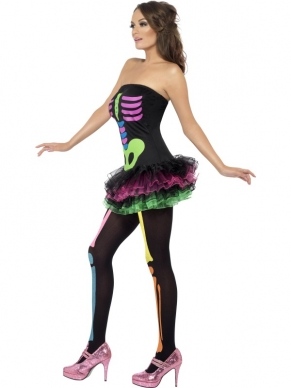 Fever Neon Skeleton Skeletten Jurk met Tutu Rok. Mooie sexy strakke strapless jurk met neon print en tutu rok. Er zitten ook afneembare doorzichtige bandjes bij. De panty verkopen we los. 