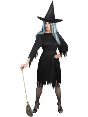 Spooky Witch Heksen Halloween Kostuum, bestaande uit de zwarte jurk met riem en heksenhoed. Maak de look compleet met bijpassende accessoires.
