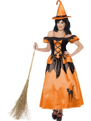Sprookjes Heks Halloween Verkleedkostuum. Inbegrepen is de lange zwart oranje heksenjurk met oranje zwarte heksenhoed. Mooie kwaliteit met mooie details. 