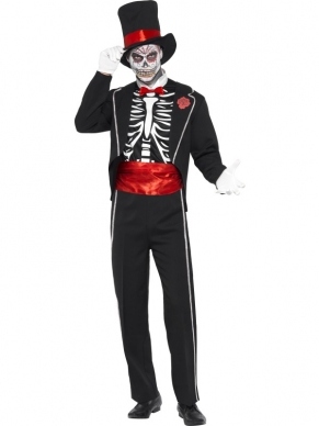 Day of the Dead Skeletten Heren Kostuum. Fantastisch halloween kostuum met jas, shirt/spencer met skelettenprint, hoge hoed en handschoenen. 