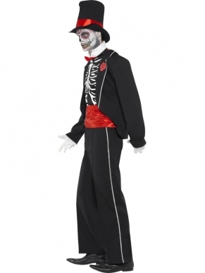 Day of the Dead Skeletten Heren Kostuum. Fantastisch halloween kostuum met jas, shirt/spencer met skelettenprint, hoge hoed en handschoenen. 