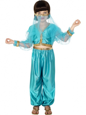Arabische Prinses Jasmine Meisjes Verkleedkleding. Wees de Arabische prinses Jasmine van Aladdin. Inbegrepen is de broek, het topje en de sluier. Maak de look af met de bijpassende pruik.