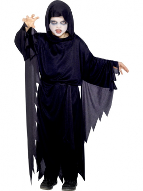 Screamer Ghost Kinder Halloween Kostuum. Inbegrepen is het zwarte gewaad met hoody en mouwen en de riem. 