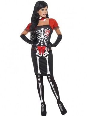 Beautiful Bones Skeletten Dames Halloween Kostuum, bestaande uit het korsetje, de rok,  (met skelettenprint) de bolero en de halsband/chocker. Mooi kostuum voor een scherpe prijs. De panty en de handschoenen verkopen we los. 