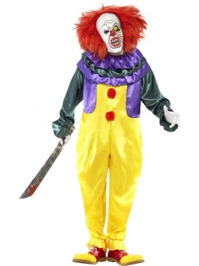 Klassieke Horror Clown Horror Halloween Kostuum. Inbegrepen is het complete clownspak (jumpsuit) en het masker met haar. De handschoenen verkopen we los. 