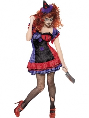 Circus Sinister Clown Dames Halloween Kostuum. Inbegrepen is de Clown Jurk en het Hoedje. 