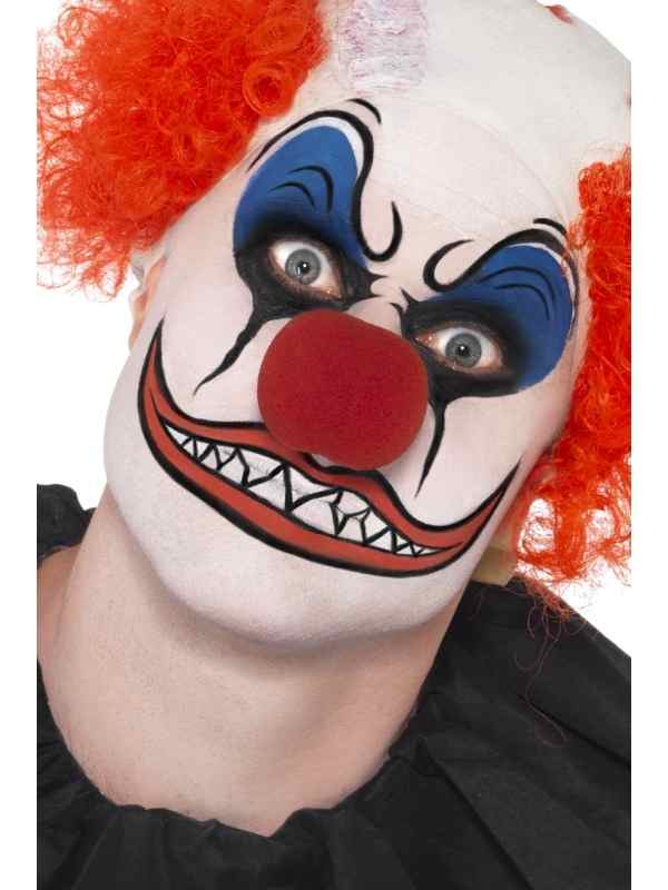 Scary Clown Make Up Kit, inclusief schmink, make-up krijtjes, rode neus, sponsje en instructies hoe je te werk moet gaan. Deze professionele look maakt je nu gemakkelijk zelf!
