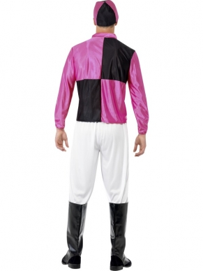 Jockey Heren Carnaval Verkleedkostuum. Inbegrepen is het roze zwarte shirt, de witte broek, de zwarte bootcovers (laars hoezen) het petje en de bril. Uitgebreide, 5-delige verkleedset. Leuk voor Carnaval. 