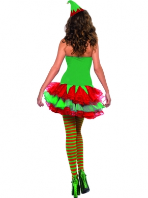 Fever Elf Kostuum - strapless groen jurkje tot boven de knie met rood - groene tutu rok, riem print en belletjes, inclusief bijpassend hoedje op haarband.
