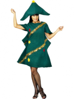 Kerstboom Dames Kostuum - kerstboom jurk met versiering en horizontale hoed.