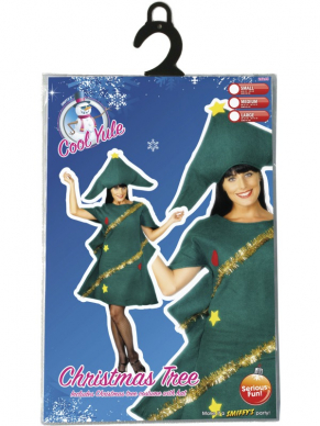 Kerstboom Dames Kostuum - kerstboom jurk met versiering en horizontale hoed.