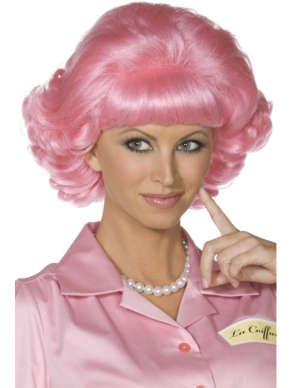 Roze Frenchy Grease Pruik. Mooie roze pruik en wij verkopen het kostuum ook in onze webshop. Van de roze damesjassen. Leuk voor een themafeest of carnaval