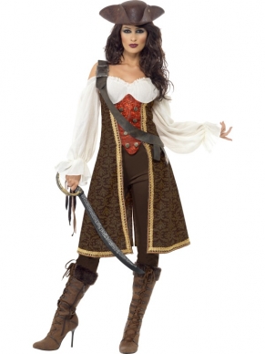 High Seas Piraten Dameskostuum met broek en schouderriem. Maak de look compleet met kledingaccessoires zoals pruik, ooglapje, zwaard en nog veel meer leuke accessoires.