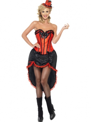 Burlesque Rood Dans Kostuum met rok en bovenstuk. Mooi zwart met rood kostuum. Rok voor korter dan achter en is voorzien van een rode rand.
